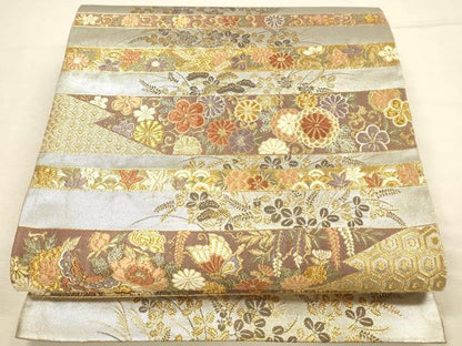平和屋本店▼六通柄袋帯　唐織　横段花蝶文　本金摺箔　正絹　逸品　DABI5737op