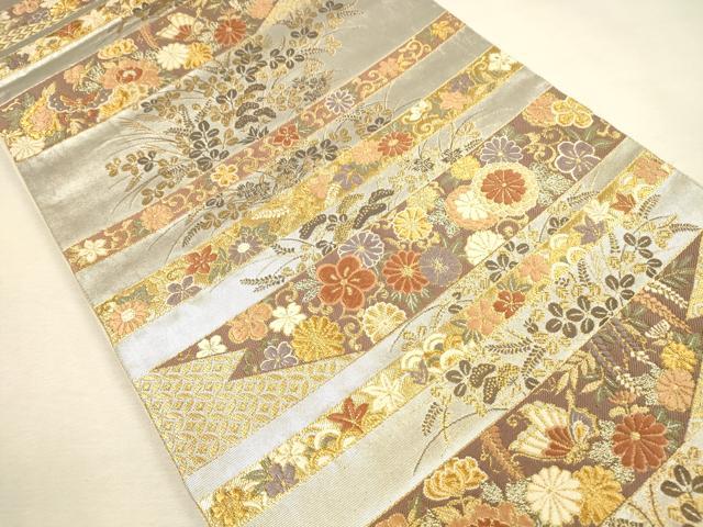 平和屋本店▼六通柄袋帯　唐織　横段花蝶文　本金摺箔　正絹　逸品　DABI5737op