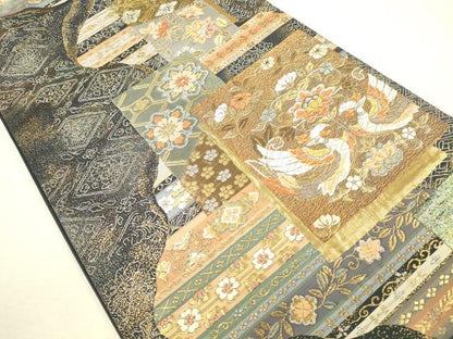 平和屋本店▼六通柄袋帯　唐織　色紙取正倉院文　本金箔　正絹　逸品　DABI5747op