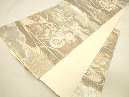 平和屋本店▼六通柄袋帯　花車瑞扇　純金三重引24金　正絹　逸品　DABI5751op