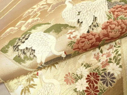 平和屋本店▼六通柄袋帯　唐織　地紙飛鶴花文　本金箔　正絹　逸品　DABI5758op