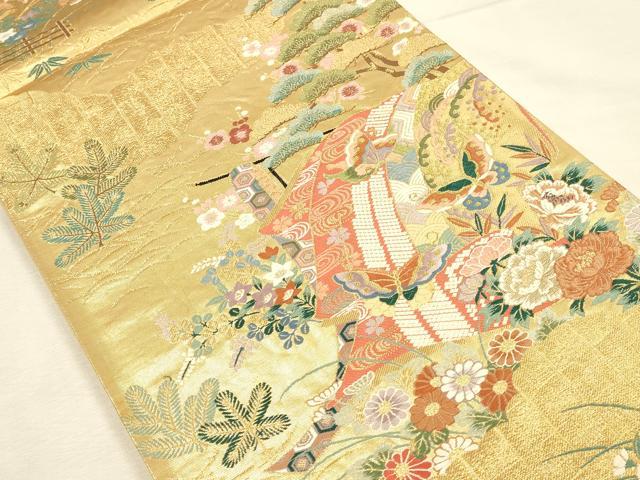 平和屋本店▼六通柄袋帯　唐織　蒔絵松寿紋　本金糸　正絹　逸品　DABI5759op