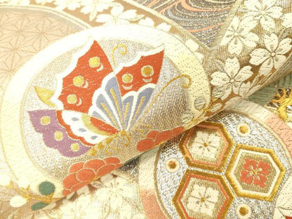 平和屋本店▼六通柄袋帯　唐織　九百錦織　花蝶丸文　純金箔24K貮重箔　正絹　逸品　DABI5767op