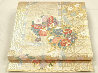 平和屋本店▼六通柄袋帯　唐織　胡蝶献上文　本金箔　正絹　逸品　DABI5768op