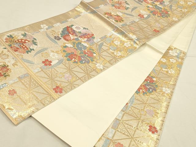 平和屋本店▼六通柄袋帯　唐織　胡蝶献上文　本金箔　正絹　逸品　DABI5768op