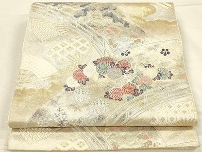 平和屋本店▼六通柄袋帯　唐織　橋扇秋花文　本金箔　正絹　逸品　DABI5778op