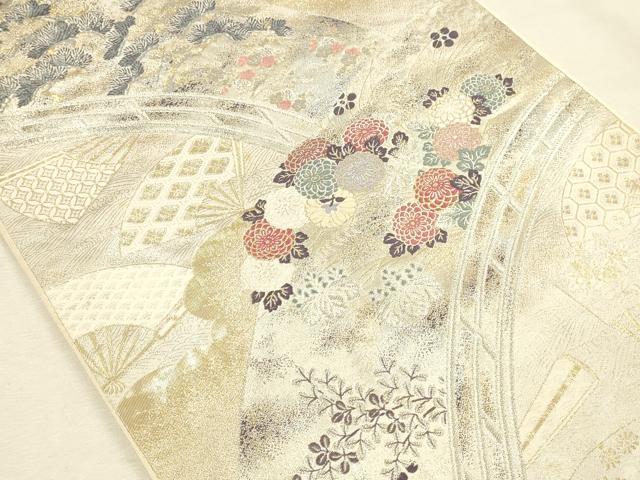 平和屋本店▼六通柄袋帯　唐織　橋扇秋花文　本金箔　正絹　逸品　DABI5778op