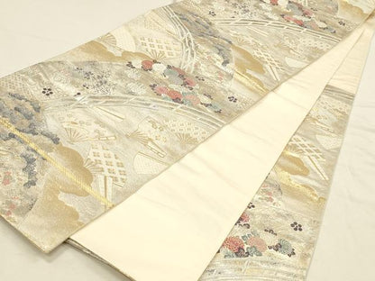 平和屋本店▼六通柄袋帯　唐織　橋扇秋花文　本金箔　正絹　逸品　DABI5778op