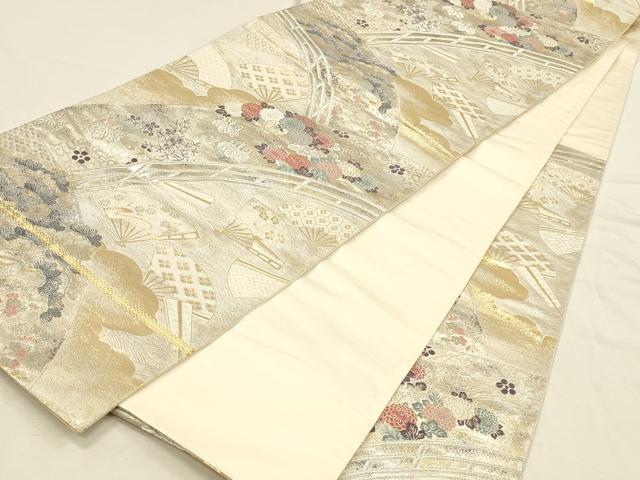 平和屋本店▼六通柄袋帯　唐織　橋扇秋花文　本金箔　正絹　逸品　DABI5778op