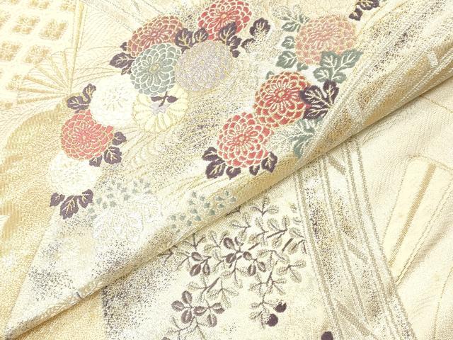 平和屋本店▼六通柄袋帯　唐織　橋扇秋花文　本金箔　正絹　逸品　DABI5778op