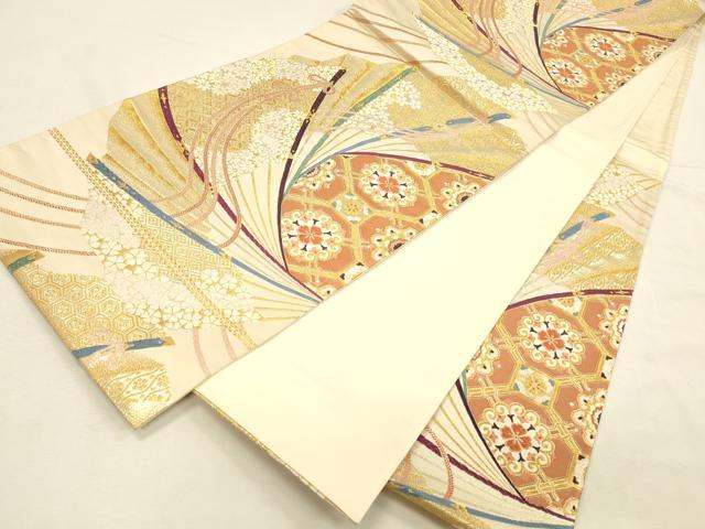 平和屋本店▼六通柄袋帯　唐織　弐拾四金箔二重織　檜扇花文　九百錦　正絹　逸品　DABI5779op