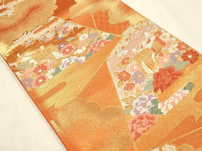 平和屋本店▼六通柄袋帯　唐織　雲取御所車花文　本金箔二重織　正絹　逸品　DABI5783op