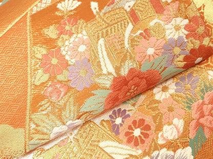 平和屋本店▼六通柄袋帯　唐織　雲取御所車花文　本金箔二重織　正絹　逸品　DABI5783op