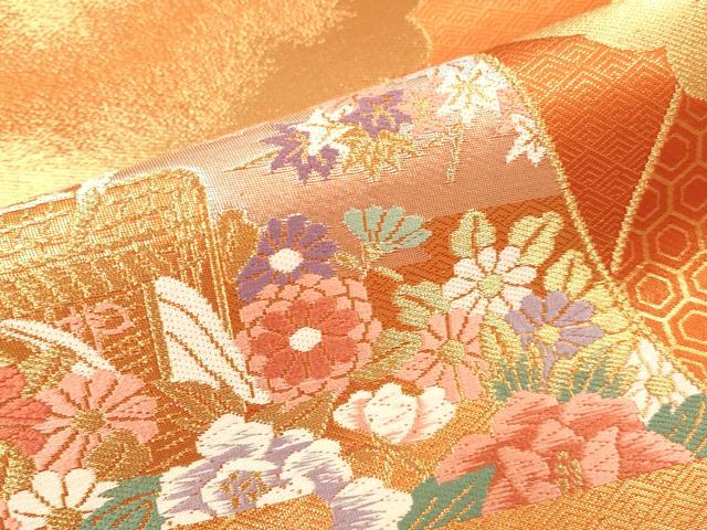 平和屋本店▼六通柄袋帯　唐織　雲取御所車花文　本金箔二重織　正絹　逸品　DABI5783op