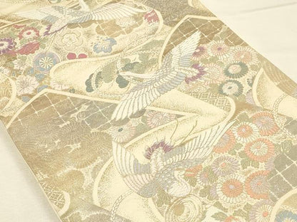 平和屋本店▼六通柄袋帯　唐織　飛鶴花文　プラチナ本金二重箔　正絹　逸品　DABI5787op