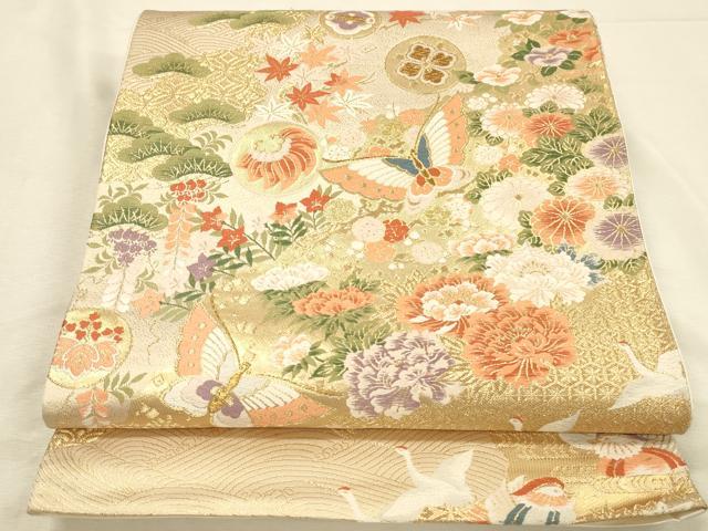 平和屋本店▼六通柄袋帯　唐織　蒔絵道長文　本金箔　正絹　逸品　DABI5788op