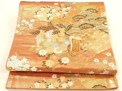 平和屋本店▼六通柄袋帯　唐織　御所車花松文　本金箔　正絹　逸品　DABI5790op