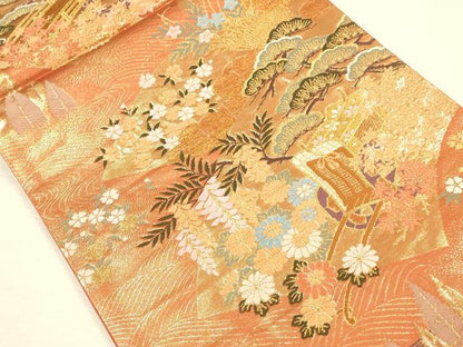平和屋本店▼六通柄袋帯　唐織　御所車花松文　本金箔　正絹　逸品　DABI5790op