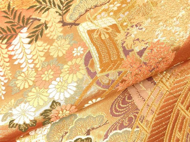 平和屋本店▼六通柄袋帯　唐織　御所車花松文　本金箔　正絹　逸品　DABI5790op