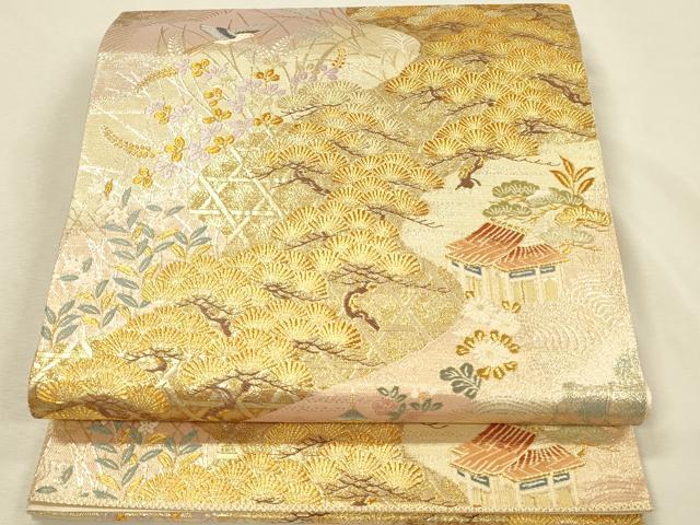 平和屋本店▼六通柄袋帯　唐織　老松籠文様　九百本金弐重織　正絹　逸品　DABI5792op