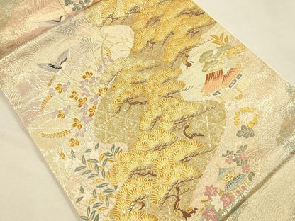 平和屋本店▼六通柄袋帯　唐織　老松籠文様　九百本金弐重織　正絹　逸品　DABI5792op