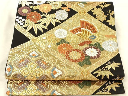 平和屋本店▼六通柄袋帯　唐織　春秋菱華文　本金二重箔　黒地　正絹　逸品　未使用　DABI5793op