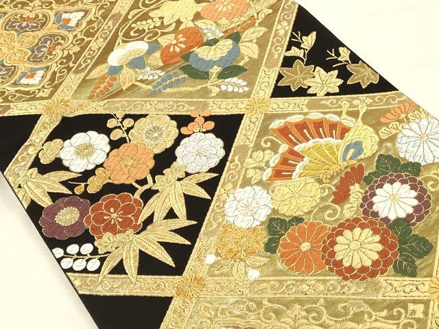 平和屋本店▼六通柄袋帯　唐織　春秋菱華文　本金二重箔　黒地　正絹　逸品　未使用　DABI5793op