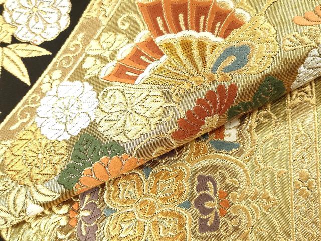 平和屋本店▼六通柄袋帯　唐織　春秋菱華文　本金二重箔　黒地　正絹　逸品　未使用　DABI5793op