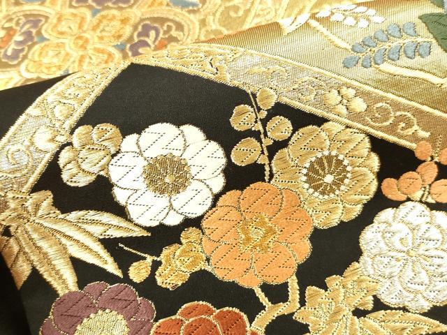 平和屋本店▼六通柄袋帯　唐織　春秋菱華文　本金二重箔　黒地　正絹　逸品　未使用　DABI5793op