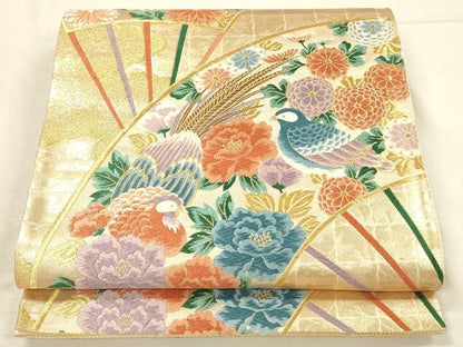 平和屋本店▼六通柄袋帯　唐織　扇面花鳥文　本金箔　正絹　逸品　DABI5795op