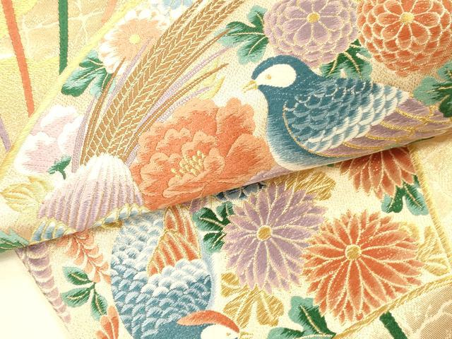 平和屋本店▼六通柄袋帯　唐織　扇面花鳥文　本金箔　正絹　逸品　DABI5795op