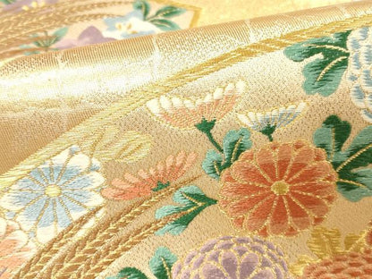 平和屋本店▼六通柄袋帯　唐織　扇面花鳥文　本金箔　正絹　逸品　DABI5795op