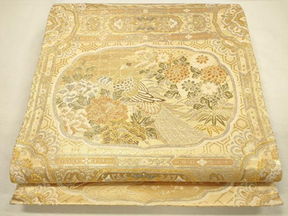 平和屋本店▼六通柄袋帯　風景孔雀花文　九百錦織　純金箔24K貮重箔　正絹　逸品　DABI5796op