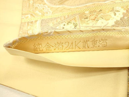平和屋本店▼六通柄袋帯　風景孔雀花文　九百錦織　純金箔24K貮重箔　正絹　逸品　DABI5796op