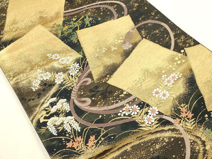 平和屋着物▼西陣　六通柄袋帯　唐織　色紙花文　金糸　証紙付き　正絹　逸品　DABI5809op