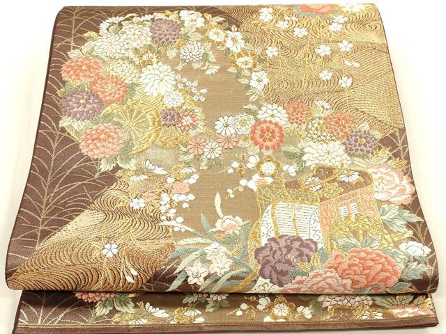 平和屋着物▼六通柄袋帯　唐織　御所車花文　金糸　正絹　逸品　DABI5812op