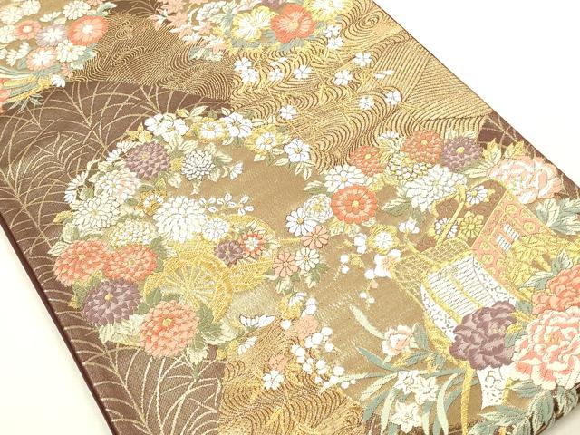 平和屋着物▼六通柄袋帯　唐織　御所車花文　金糸　正絹　逸品　DABI5812op