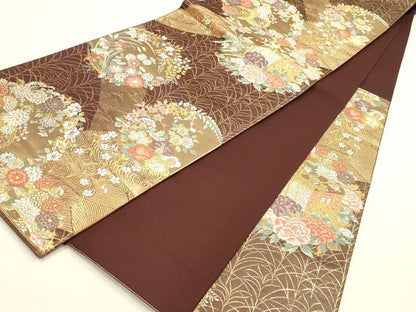 平和屋着物▼六通柄袋帯　唐織　御所車花文　金糸　正絹　逸品　DABI5812op