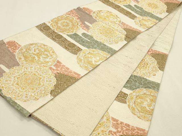 平和屋着物▼両面　六通柄袋帯　唐織　正倉院向かい鳥花文　金銀糸　正絹　逸品　DABI5818op