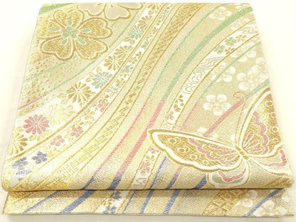 平和屋着物▼両面　六通柄袋帯　舞蝶花文　金糸　正絹　逸品　DABI5819op