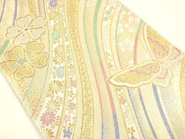 平和屋着物▼両面　六通柄袋帯　舞蝶花文　金糸　正絹　逸品　DABI5819op