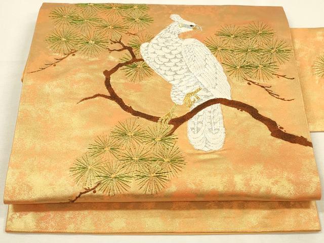 平和屋着物▼九寸名古屋帯　唐織　枝松葉に鳥　金銀糸　引箔　正絹　逸品　DABI5820op