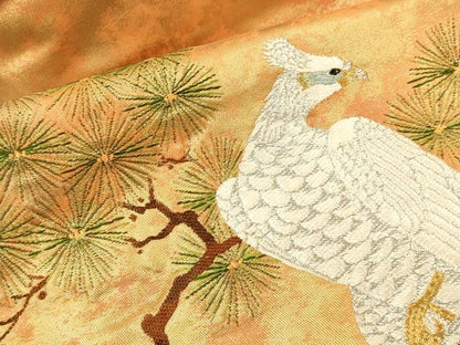 平和屋着物▼九寸名古屋帯　唐織　枝松葉に鳥　金銀糸　引箔　正絹　逸品　DABI5820op