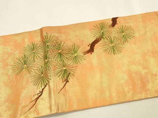 平和屋着物▼九寸名古屋帯　唐織　枝松葉に鳥　金銀糸　引箔　正絹　逸品　DABI5820op