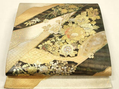 平和屋着物▼袋帯　螺鈿　籬花鳥文　金銀彩　正絹　逸品　DABI5826op