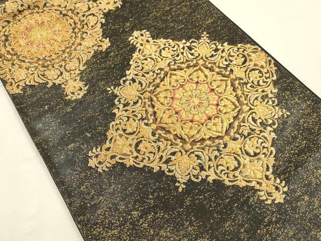 平和屋本店▼太鼓柄袋帯　唐織　花菱文　黒地　本金箔　正絹　逸品　DABI5834op