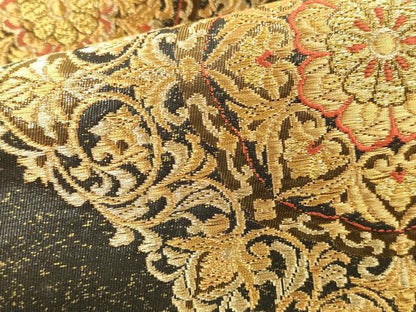 平和屋本店▼太鼓柄袋帯　唐織　花菱文　黒地　本金箔　正絹　逸品　DABI5834op