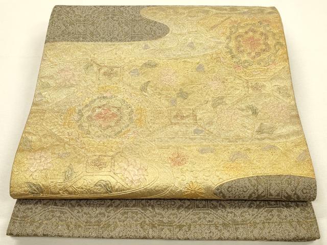 平和屋着物▼太鼓柄袋帯　駒刺繍　正倉院花文　金彩　正絹　逸品　DABI5847op