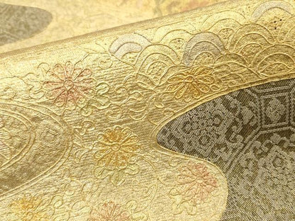 平和屋着物▼太鼓柄袋帯　駒刺繍　正倉院花文　金彩　正絹　逸品　DABI5847op