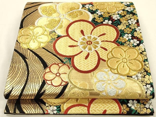 平和屋着物▼六通柄袋帯　唐織　舞花　黒地　金糸　正絹　逸品　DABI5857op